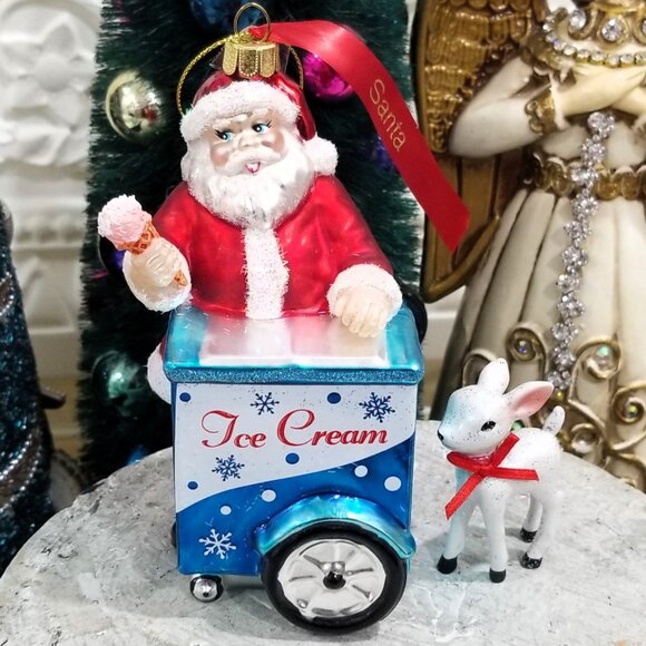 Blown Glass Santa Ice Cream Cart Christmas Ornament Dessert Bakery - Picture 3 of 4